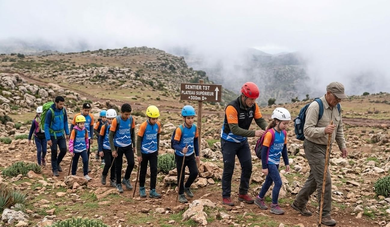 Groupe d'enfants en randonnée pédagogique dans l'Atlas avec Mr. Hamid, guide expert TST.